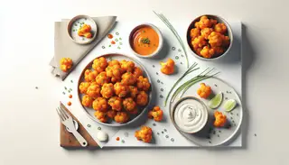 Image of a modern, minimalistic table setting featuring Vegan Buffalo Cauliflower Bites with a side of vegan ranch dressing, highlighted by a neutral color scheme.