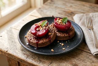 Two teff crumpets topped with a hibiscus-poached pear and red syrup on a black clay plate.