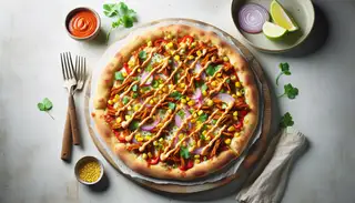 Vegan Asian-style artisan pizza on a minimalist table, with jackfruit, red onion, bell pepper, corn, vegan cheese, sriracha mayo, and cilantro.