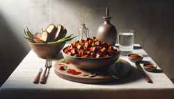 Vegan Ethiopian Berbere Spiced Jackfruit Stew Image of a vegan Ethiopian Berbere spiced jackfruit stew in an elegant bowl, with a rustic bread basket and water glass on a minimalist table, warmly lit.