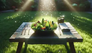A beautifully arranged vegan salad on a grassy table, capturing the freshness and vibrancy of the ingredients, under the shimmering daylight.