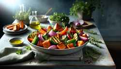 Grilled sweet potatoes, bell peppers, and red onions with char marks, speckled with rosemary and oregano, drizzled with lemon juice on a clean table.