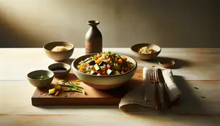 Elegant, minimalist wooden table with a ceramic bowl of vegan, Asian-inspired dish featuring sautéed vegetables and brown rice, adorned with fresh cilantro.