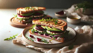 Elegant vegan tart sandwich on a minimalist setting, with beetroot, avocado, and vegan cream cheese, highlighted by natural light.