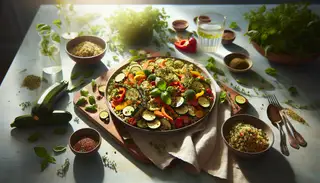 Image of a vibrant 'Herbal Vegan Delight' dish with fluffy quinoa, zucchini, carrots, and red bell peppers, seasoned with basil, oregano, thyme, parsley, and rosemary, on a minimalist table in natural light.