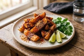 Berbere-Dusted Cassava Wedges with Tamarind-Coconut Glaze Crispy glazed cassava wedges coated in red berbere spice and crushed peanuts on a white plate with lime wedges.