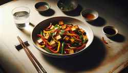 Image of a sweet and spicy tofu stir-fry in a simple ceramic bowl on a wooden table, with chopsticks and a glass of water, highlighted by soft natural lighting.