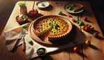 Image of a vegan Mediterranean quiche on a wooden table, featuring a golden crust and colorful filling, garnished with basil and cherry tomatoes, in a warm, inviting setting.