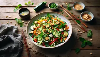 Fresh Vietnamese Zucchini Noodle Salad with tofu, bell pepper, carrot, mint, cilantro, and peanuts on a rustic table