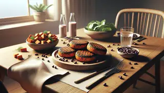 A mouthwatering display of vegan sweet potato and black bean burgers on a minimalist dinner table setting, showcasing their chewy and delicious textures.