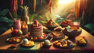 Imagine a sensation of African cuisine, featuring a table laid with a diverse range of dishes, enriched by a colourful and glistening fruity sauce. The warm rays of the sun showcase the vibrant hues of strawberries, pineapple, and ripe mango within the sauce. A stack of fluffy vegan pancakes is seen, generously drizzled with this tantalizing sauce. Beside it, a bowl of chilled vegan ice cream, crowned with the same fruity delight, stands as an indulgent dessert. Across the table, envisage a platter of grilled tofu and vegetables, glazed with the fruity mixture, representing a mouthwatering main course. The entire setting is framed against a lush, green backdrop echoing nature's bounty. This image encapsulates the essence of warmth, vibrancy, and celebration found in African flavours.