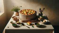 Minimalist buffet table featuring a golden-crusted vegan casserole in an elegant dish, accented by soft lighting, with parsley and a serving utensil.