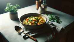 A cozy table setting with a hearty vegetable soup featuring potatoes, carrots, and celery, garnished with fresh parsley.