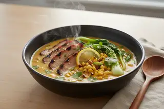 Smoky Yuzu Ramen-Chowder with charred seitan brisket, roasted corn & bok choy in a dark bowl. Soft morning light & steam on a light-wood table.