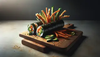 A stunning display of vegan sushi rolls on a wooden serving board - a vibrant mix of avocado, carrots, cucumber, and tempura sweet potato.