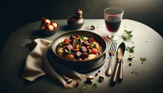 Elegant vegan beef stew in a ceramic dish, garnished with parsley, alongside red wine and simple cutlery, under warm lighting.