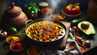 Visualize a homely kitchen scene with an African-inspired meal being served. See a modest dinner table boasting a piping hot bowl of vegan curry. The curry looks vibrant with an assortment of multihued vegetables immersed in creamy coconut milk, sprinkled generously with aromatic spices. Fresh cilantro adds a striking contrast with its bright green hue. See perfectly cut sweet potatoes, red-yellow bell peppers, and crunchy bits of carrots and zucchini interspersed in the curry, with cooked chickpeas peppering through for a protein punch. Wafts of curry powder, paprika, cumin, and turmeric mix into the air, setting a tantalizing aroma. The smooth, rich creaminess of coconut milk adds a layer of indulgence, making each bite a gastronomic delight. The meal emanates a colorful, aromatic richness typical of African cuisine, while also promising to be a wholesome, healthful dinner option. You are seated at this table, ready to experience this exciting burst of flavors. The warmth of the curry pot, the liveliness of its colors, and the enticing smells present a feast for your senses. The meal leaves you satiated, with an unforgettable flavor experience that transports you to the very heart of Africa. Bon appétit!