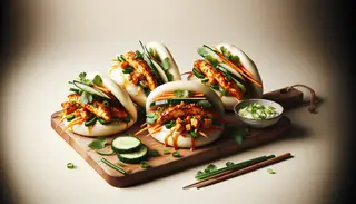 Image of a street food setting with a wooden table holding steamed bao buns filled with vegan chicken, vegetables, and garnished with herbs, showcasing vibrant colors and textures.