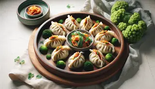 Vibrant Vegan Kimchi Dumplings on a stylish platter, garnished with fresh greens, inviting a taste of savory flavors and delicate spice.