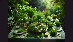 Envision yourself seated at a tastefully arranged table, ensconced in the verdant surroundings of a garden abundant in fresh herbs. The air is fragrant with the scent of fresh herbs, mixed with a tangy citrus smell. In front of you is a vibrant herbal appetizer, a delight to the senses. The table is embellished with numerous fresh herbs such as basil, mint, cilantro, parsley, and dill leaves, each tastefully displayed - their vibrant colors and soft textures contrasting with crisp mixed salad greens. The herbal feast is further enhanced with the addition of toasted sesame seeds and zest and juice from lemon and lime, while a drizzle of extra virgin olive oil adds a touch of richness. As you take your first bite, the exquisite blend of flavors explodes on your tongue, the herbal freshness mingling perfectly with the citrusy zing. This herbal appetizer is not just a feast for your palate but a visual delight as well. The lush green herbs against the backdrop of the tablecloth feel like a beautiful tribute to the richness that nature offers. As a highlight of vegan cuisine, this appetizer is a testament to the creativity and innovation possible with herbs and is sure to leave you with a lingering desire for more.