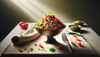 Vibrant Vegan African Sour Tapas in a sleek bowl, featuring sorghum, red onion, tomatoes, bell peppers, and cilantro, set on a simple table with a fork and napkin.