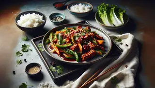 Vegan Bulgogi with glossy seitan, vegetables, sesame seeds, coriander, steamed rice, and lettuce on a minimalist table with chopsticks.