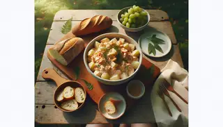 Image of a serene picnic on a wooden table featuring a bowl of Vegan Kimchi Potato Salad garnished with sesame seeds, surrounded by sliced baguette, grapes, and cloth napkins in a lush, grassy setting.