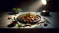 Golden-brown grilled tempeh and sautéed shiitake mushrooms in a savory glaze, garnished with herbs on an elegant placemat, under subtle lighting.
