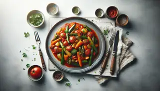Plate of poached vegetable medley in tangy tomato sauce, garnished with parsley, on a simple table setting.