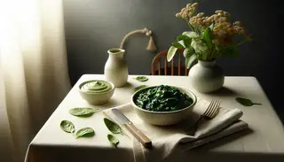 A creamy vegan buttery spinach in an elegant bowl on a minimalist table, highlighted by soft natural light, with a subtle floral vase in the background.