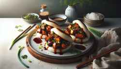 Vegan BBQ Bao Buns filled with caramelized jackfruit, garnished with green onions, cilantro, and sesame seeds, presented on a minimalist table.