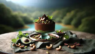 Image of a chocolate avocado mousse in a glass cup, garnished with roasted cashews and mint, set on a minimalist nature-inspired table, with a blurred natural background.