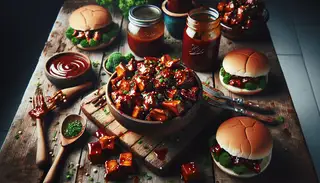 Paint a captivating scene consisting of a weathered and rustic wooden table loaded with enticing vegan BBQ goodies. At the heart of the arrangement rests a bowl of juicy jackfruit marinated in a zingy, smoky, savory BBQ sauce. Consider the glossy texture of this sauce, with a rich color providing magnificent contrast to freshly scattered vivid-green herbs. Flank this focal point with rows of slightly toasted buns, preparing to hold servings of the tender, tasty jackfruit. Nearby, a mason jar filled with homemade BBQ sauce is placed, the label on it shimmering in the light, supplying the expectation of mouthwatering flavors. The table, with all its vegan BBQ delights, is ready to provide a delightful feast.