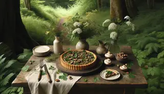 A serene brunch setting in a forest, featuring a Vegan Mushroom Tart with Walnut Crust on a wooden table, accented by wildflowers and simple utensils, bathed in soft natural light.