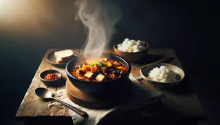 Steaming bowl of vegan kimchi stew with tofu and mushrooms on a rustic table, accompanied by rice and bread. Warm lighting enhances the cozy atmosphere.