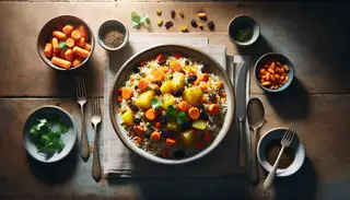 Minimalist table setting with vibrant Vegan East African Pilau in a bowl, surrounded by simple silverware and ceramic plates on a wooden table.