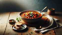 Image of a spicy vegan soup in a bowl with sweet potatoes, carrots, red bell peppers, and chickpeas, garnished with cilantro, beside crusty bread on a wooden table under natural light.