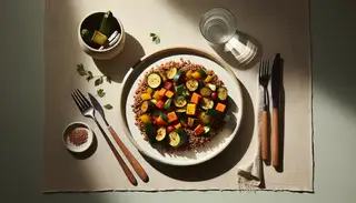 Elegant dinner setting with a plant-based millet dish, roasted vegetables, and freshly chopped parsley, highlighted by natural light and minimalist decor.