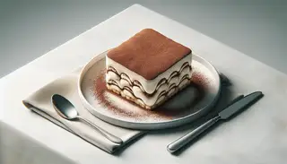 Exquisite vegan tiramisu with creamy layers, cocoa dusting, on a chic table setting.