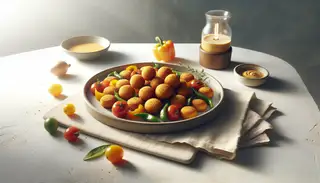 Vibrant vegan chickpea flour rounds with bell peppers and tomatoes on a clean, minimalist table, highlighting colorful, flavorful finger food.