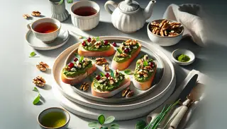 Minimalist high tea setting with vegan 'Broiled Tea Bruschetta' on a plate, surrounded by delicate tea cups and a teapot, in soft natural lighting.