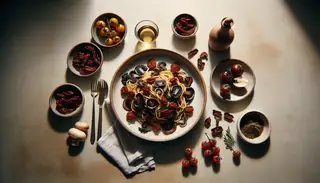 Umami-laden Mushroom and Sun-dried Tomato Pasta, a tantalizing dish bursting with rich flavors, set on a minimalist table. Earthy mushrooms, tangy tomatoes, and aromatic truffle oil create a diverse palette. No text or humans.