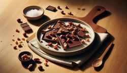 Vegan candied nut chocolate bark on a simple plate, with natural lighting enhancing its glossy texture.