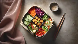 Minimalist table setting with a vibrant vegan bento box, featuring golden-brown tofu, colorful vegetables, scallions, and sesame seeds.