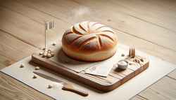 Freshly baked European bread, with a perfect crust and soft interior, showcased on a rustic wooden cutting board, evoking a delightful fragrance.