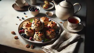 Vegan high tea setup with golden-brown scones, berries, mint, and herbal tea in a serene, minimalist setting.