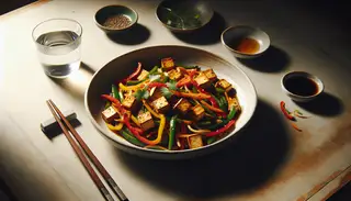 Image of a sweet and spicy tofu stir-fry in a simple ceramic bowl on a wooden table, with chopsticks and a glass of water, highlighted by soft natural lighting.