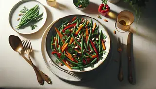 Elegant minimalist table setting with a vibrant dish of blanched green beans, carrots, and red bell peppers, seasoned with cumin and paprika, garnished with almonds and parsley.