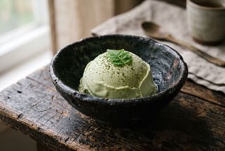 Pale green wasabi ice cream in a dark textured ceramic bowl, garnished with green leaf and dark powder on a rustic wooden table.
