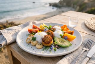 A sunlit vegan seafood platter with seared mushrooms, tomatoes, and hearts of palm, topped with a delicate white citrus foam.